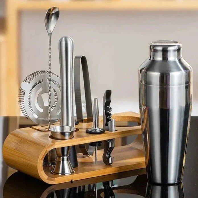 PulseMix 10 Stainless Steel Shaker Set — 10 Bar Tools + Stand