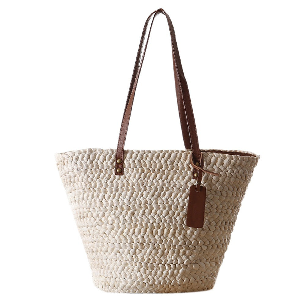 Bolso de playa de estilo bohemio natural con asa de cuero – Material de paja | livraina