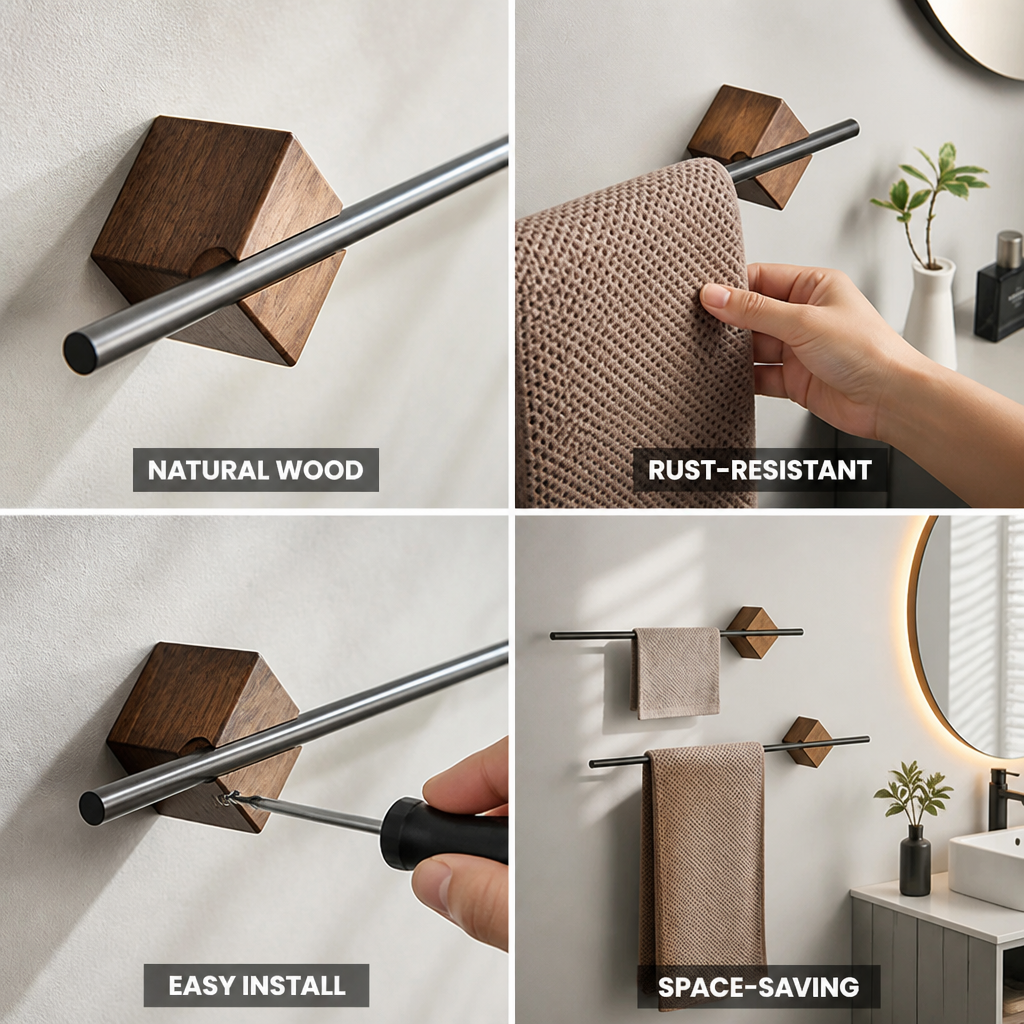 Handdoekrek van natuurlijk hout en roestvrij staal (wandmontage) | livraina
