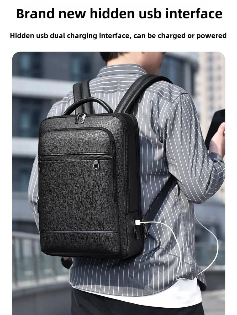 Bőr hátizsák 15.6 hüvelykes laptophoz — USB-port, fekete