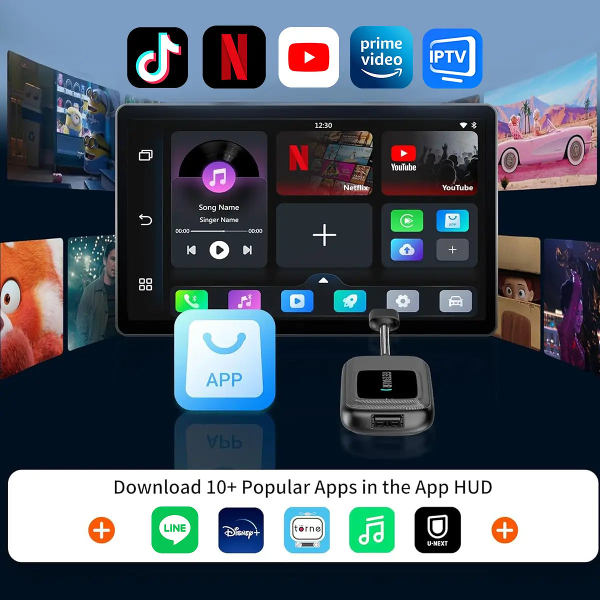 NovaLink vezeték nélküli CarPlay- és Android Auto-adapter — Beépített alkalmazásközpont