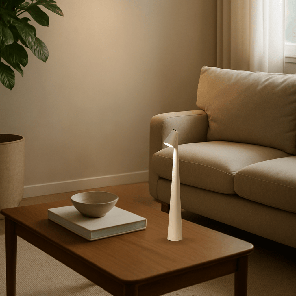 Genopladelig bordlampe i metal — stilfuldt ledningsfrit stemningslys
