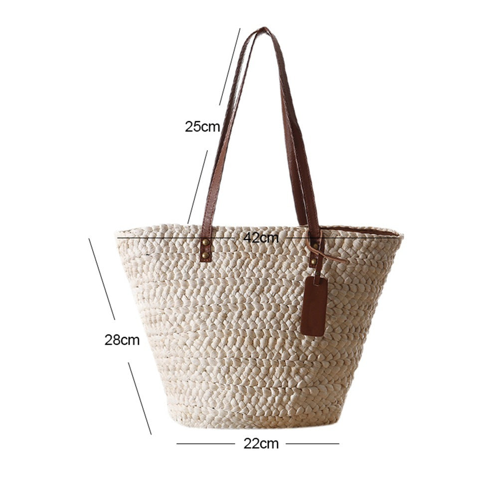 Bolso de playa de estilo bohemio natural con asa de cuero – Material de paja | livraina
