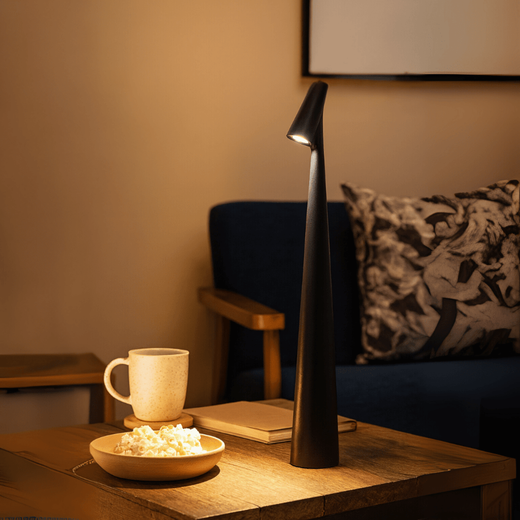 Genopladelig bordlampe i metal — stilfuldt ledningsfrit stemningslys