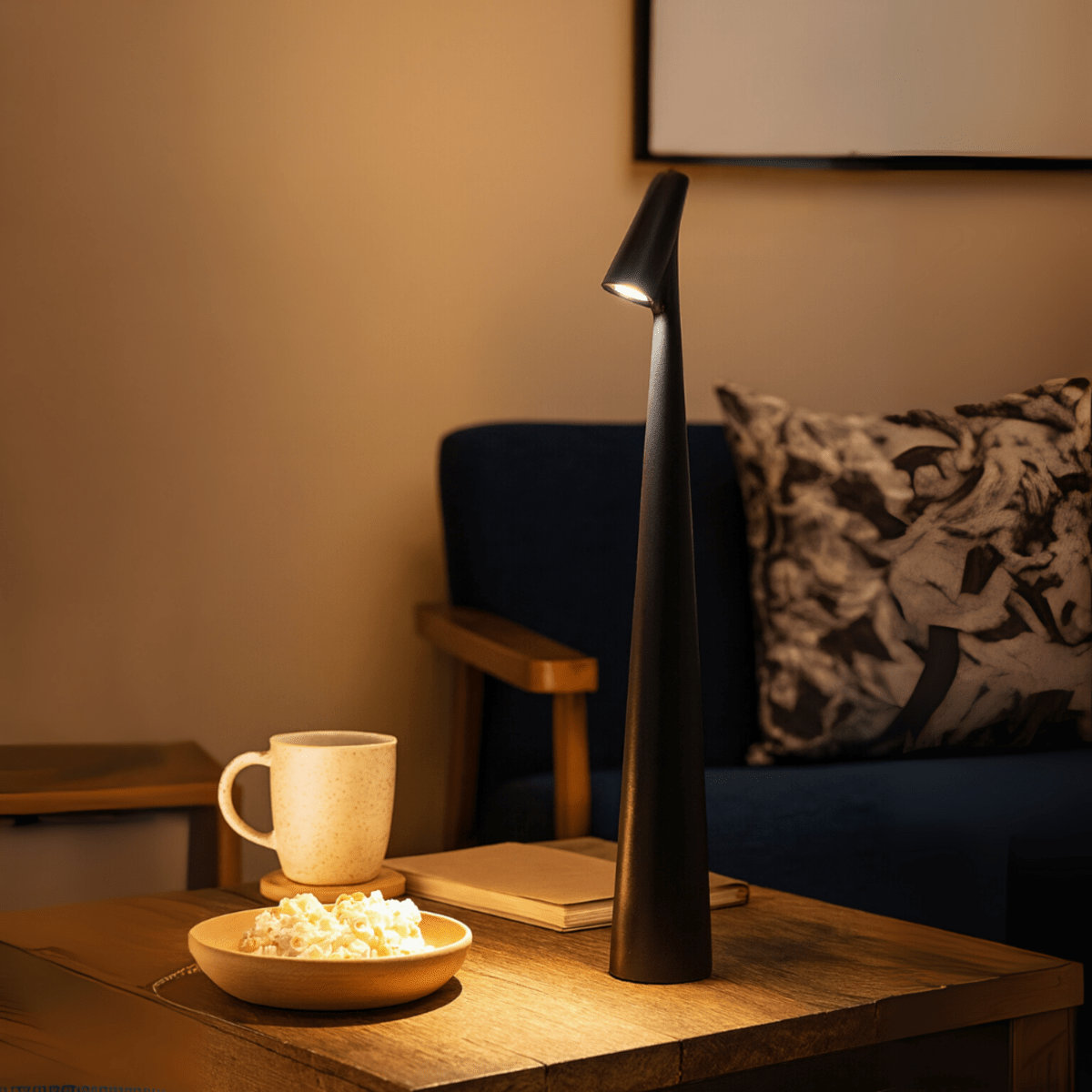 Genopladelig bordlampe i metal — stilfuldt ledningsfrit stemningslys