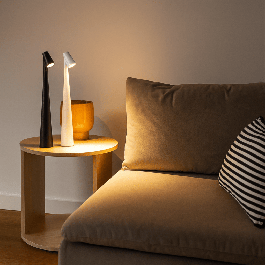 Genopladelig bordlampe i metal — stilfuldt ledningsfrit stemningslys