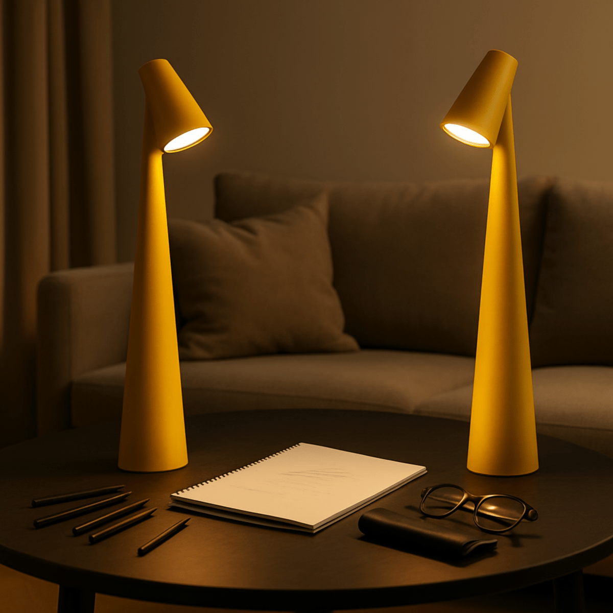 Genopladelig bordlampe i metal — stilfuldt ledningsfrit stemningslys