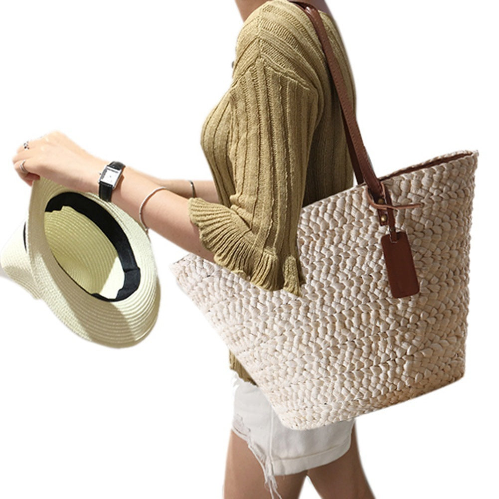 Bolso de playa de estilo bohemio natural con asa de cuero – Material de paja | livraina