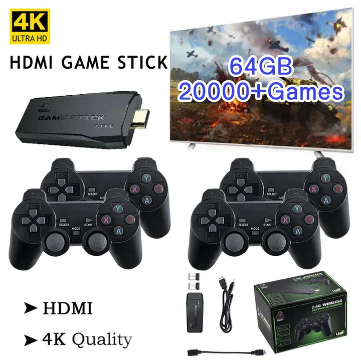 4K-TV-Stick — 64 GB Speicher, über 20.000 Retro-Spiele, zwei kabellose Controller