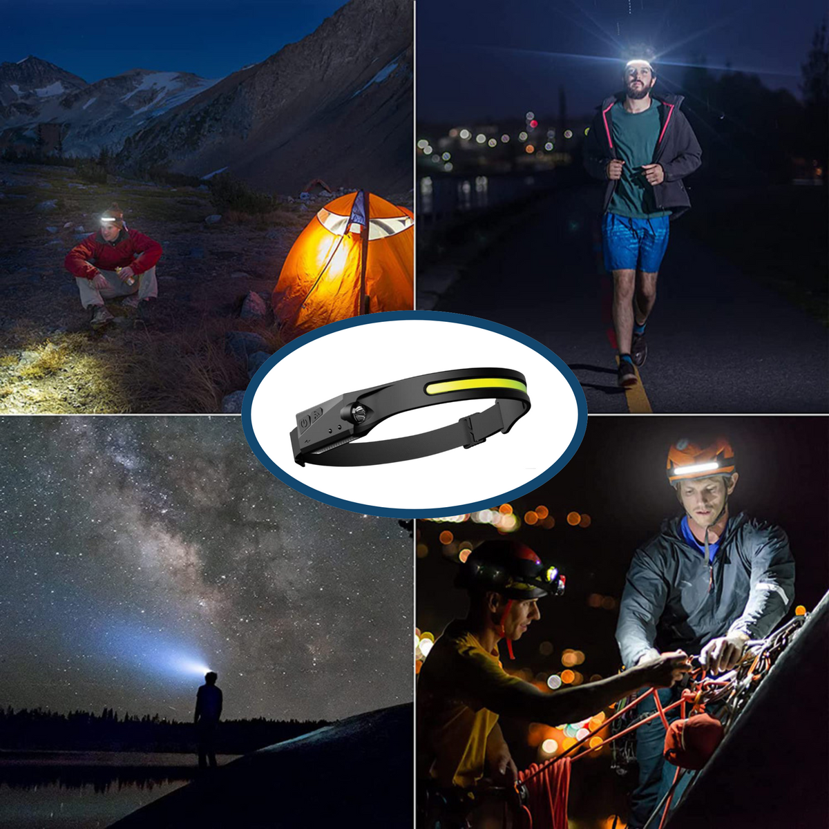 NovaLume COB LED-es fejlámpa — USB-ről tölthető akkumulátorral, érzékelővel
