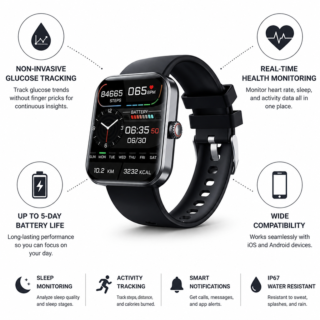 Non-Invasive Glucose Tracking & 5-Day Battery Smartwatch | livraina