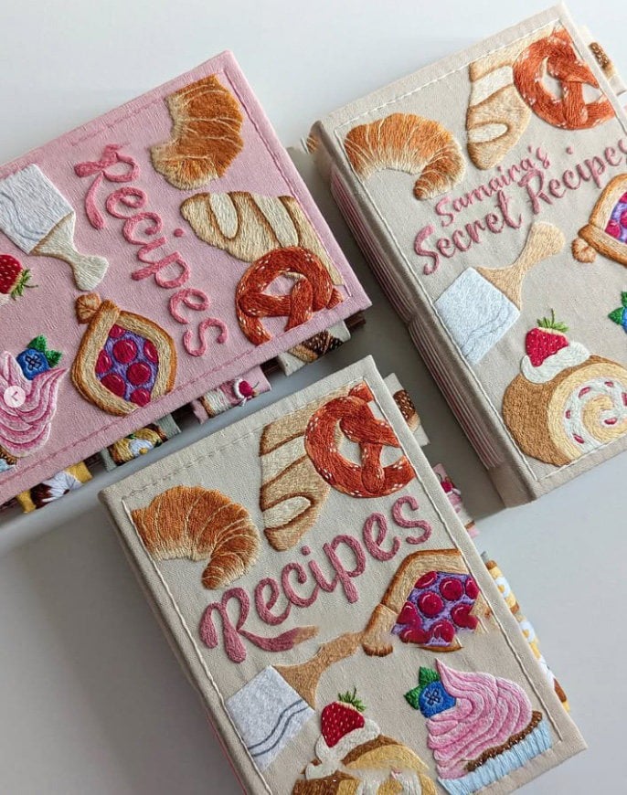 Notebook - Handmade Recipe Journal - Embroidered Fabric Cover - RecipeHeart | livraina
