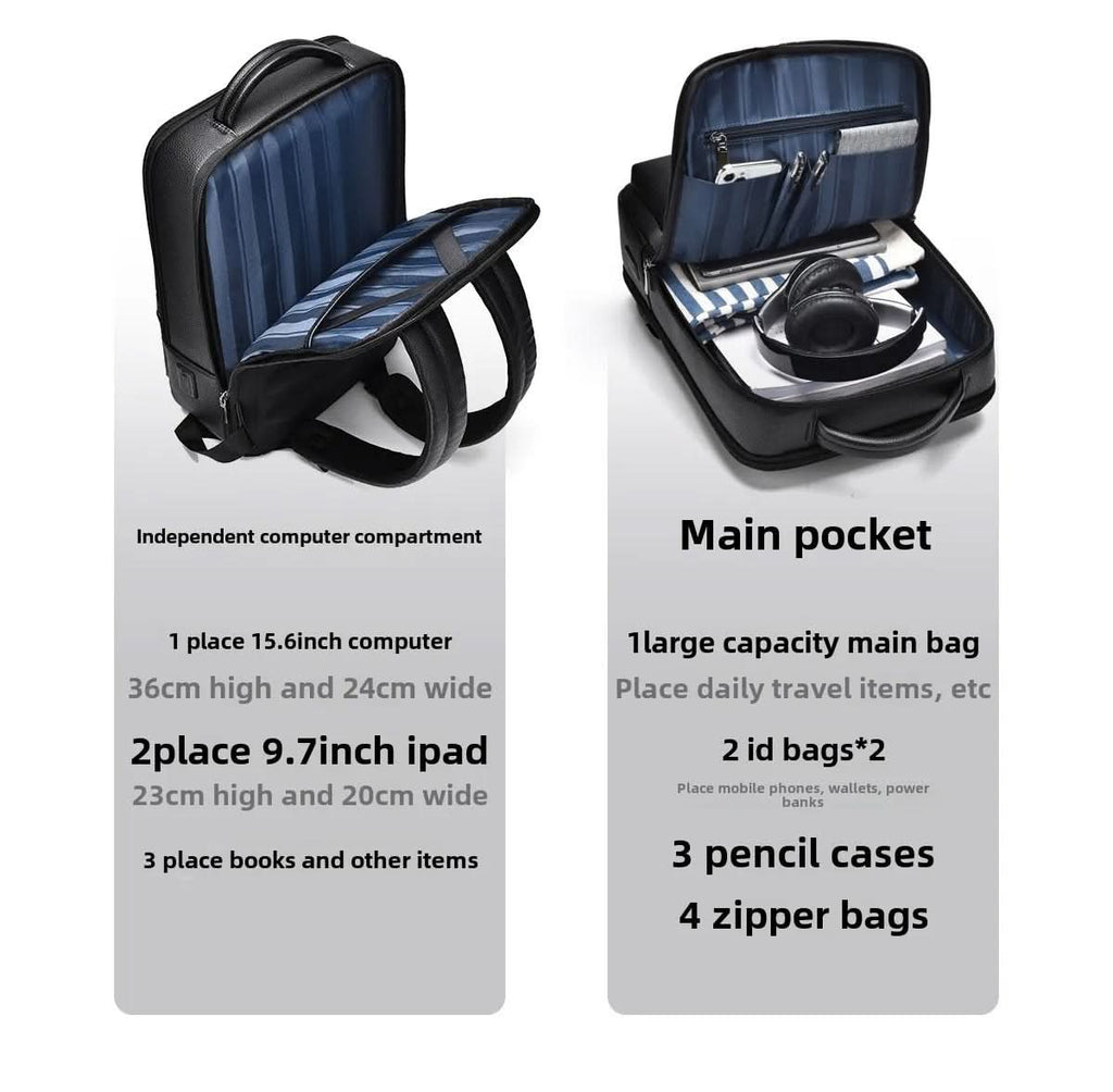 Bőr hátizsák 15.6 hüvelykes laptophoz — USB-port, fekete