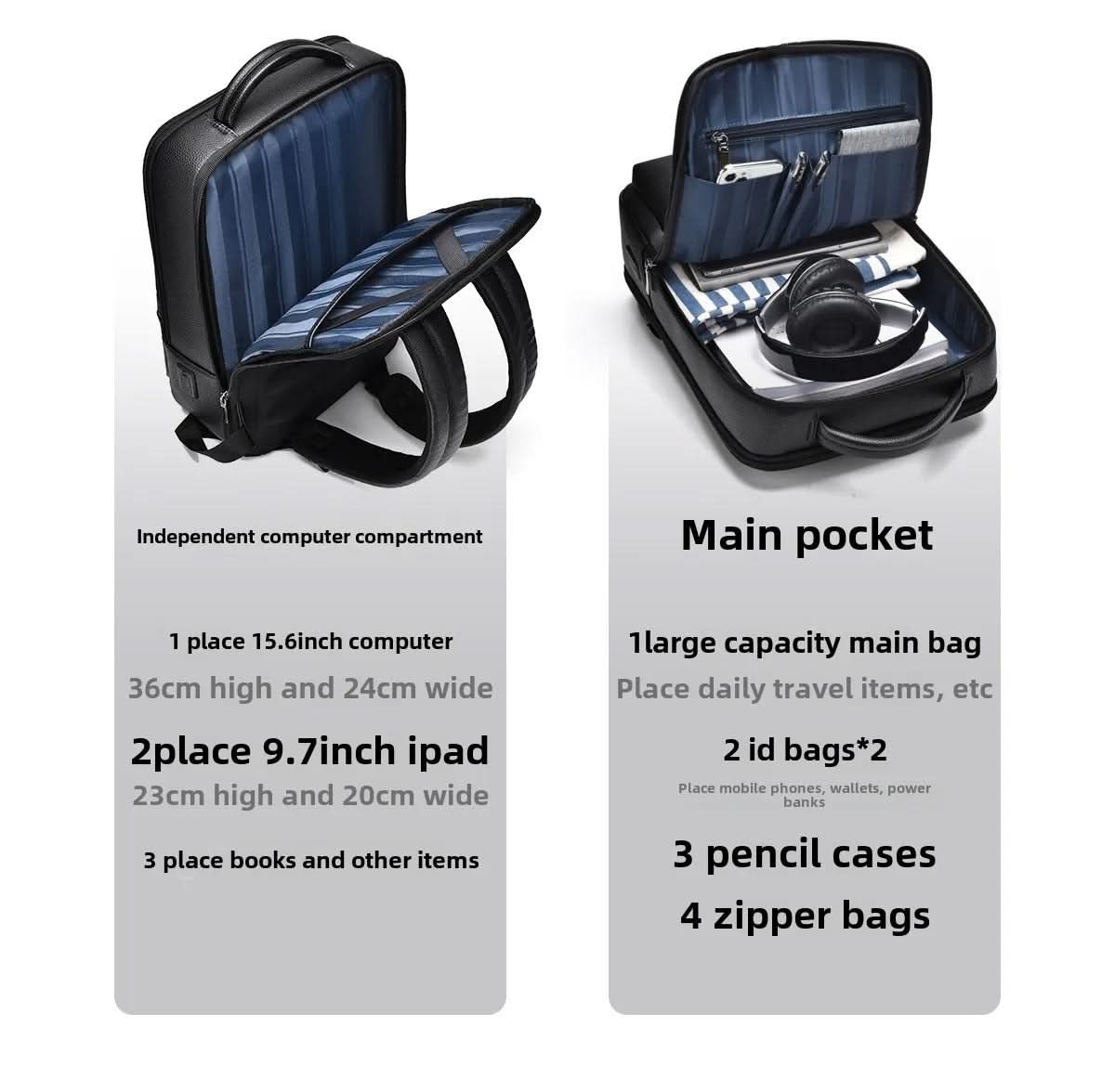 Bőr hátizsák 15.6 hüvelykes laptophoz — USB-port, fekete