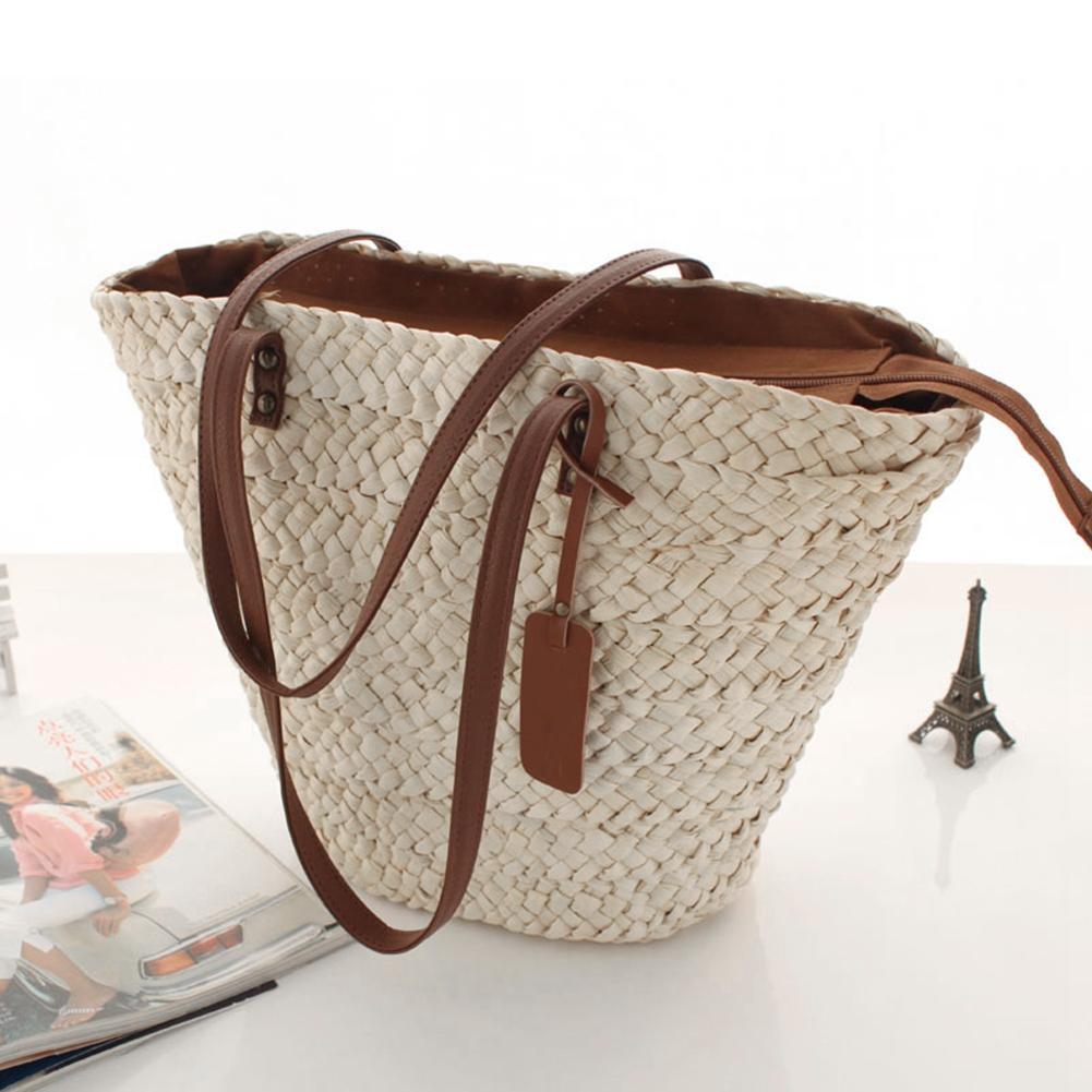 Bolso de playa de estilo bohemio natural con asa de cuero – Material de paja | livraina