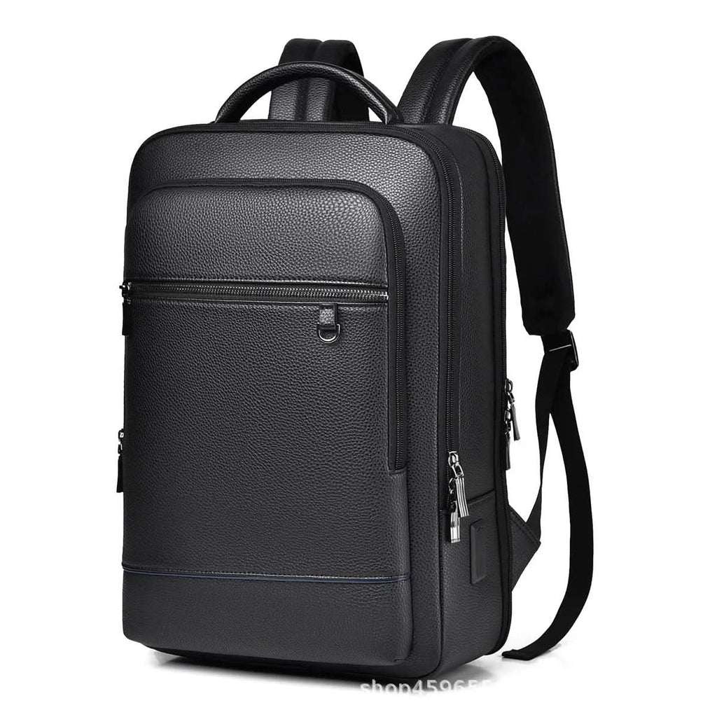 Bőr hátizsák 15.6 hüvelykes laptophoz — USB-port, fekete