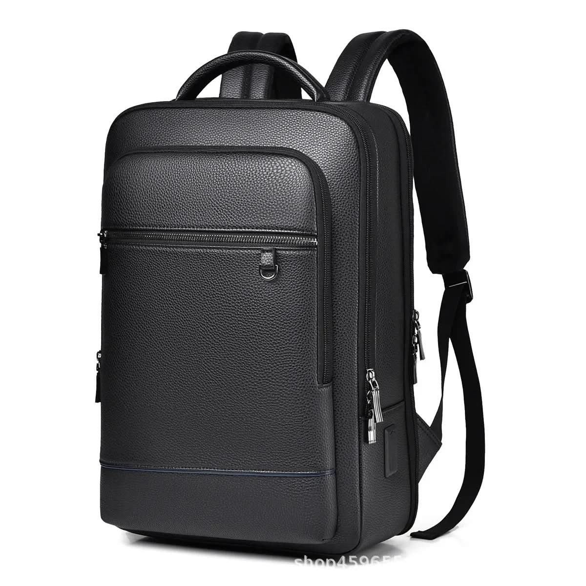 Bőr hátizsák 15.6 hüvelykes laptophoz — USB-port, fekete
