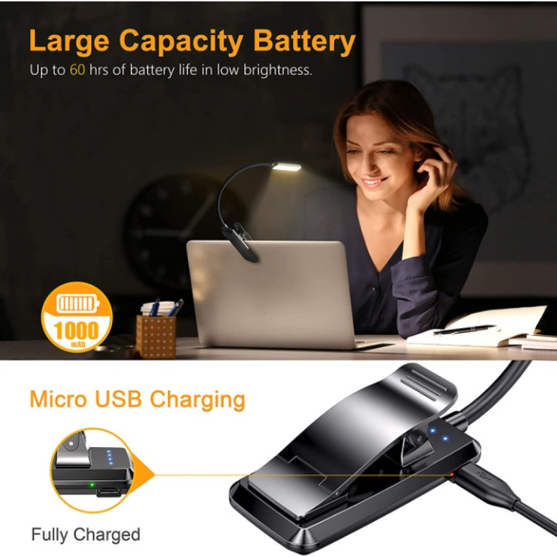 Ansteckbare Leselampe – 9 LEDs, per USB wiederaufladbar, stufenlose Dimmung, augenschonend