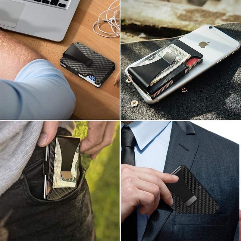 Cartera portatarjetas de fibra de carbono Ridge — Delgada, con clip metálico para billetes de acero inoxidable y bloqueo RFID