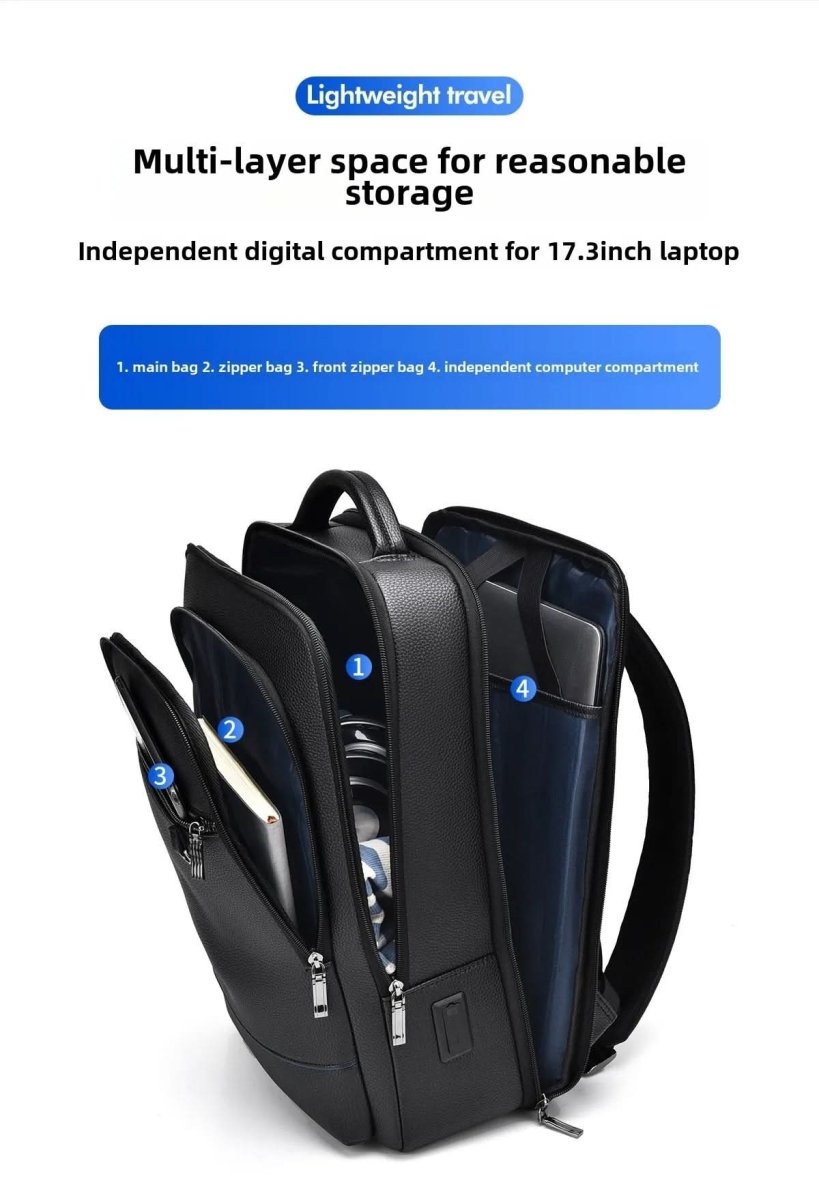 Bőr hátizsák 15.6 hüvelykes laptophoz — USB-port, fekete