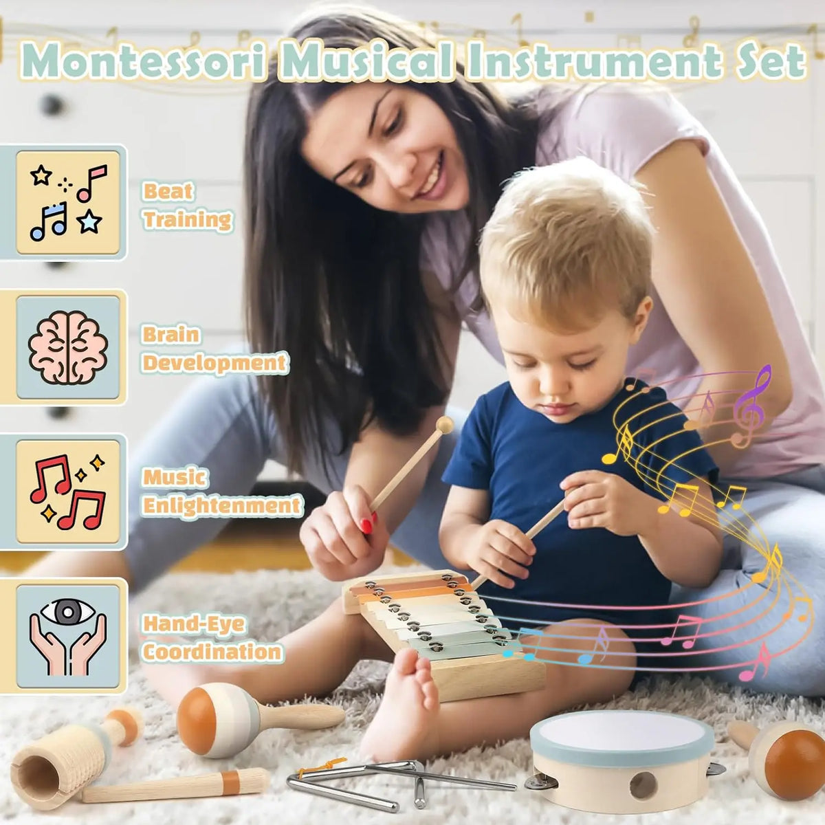 Ξύλινο μουσικό σετ Montessori για νήπια — κουρδισμένο ξυλόφωνο και μαράκες
