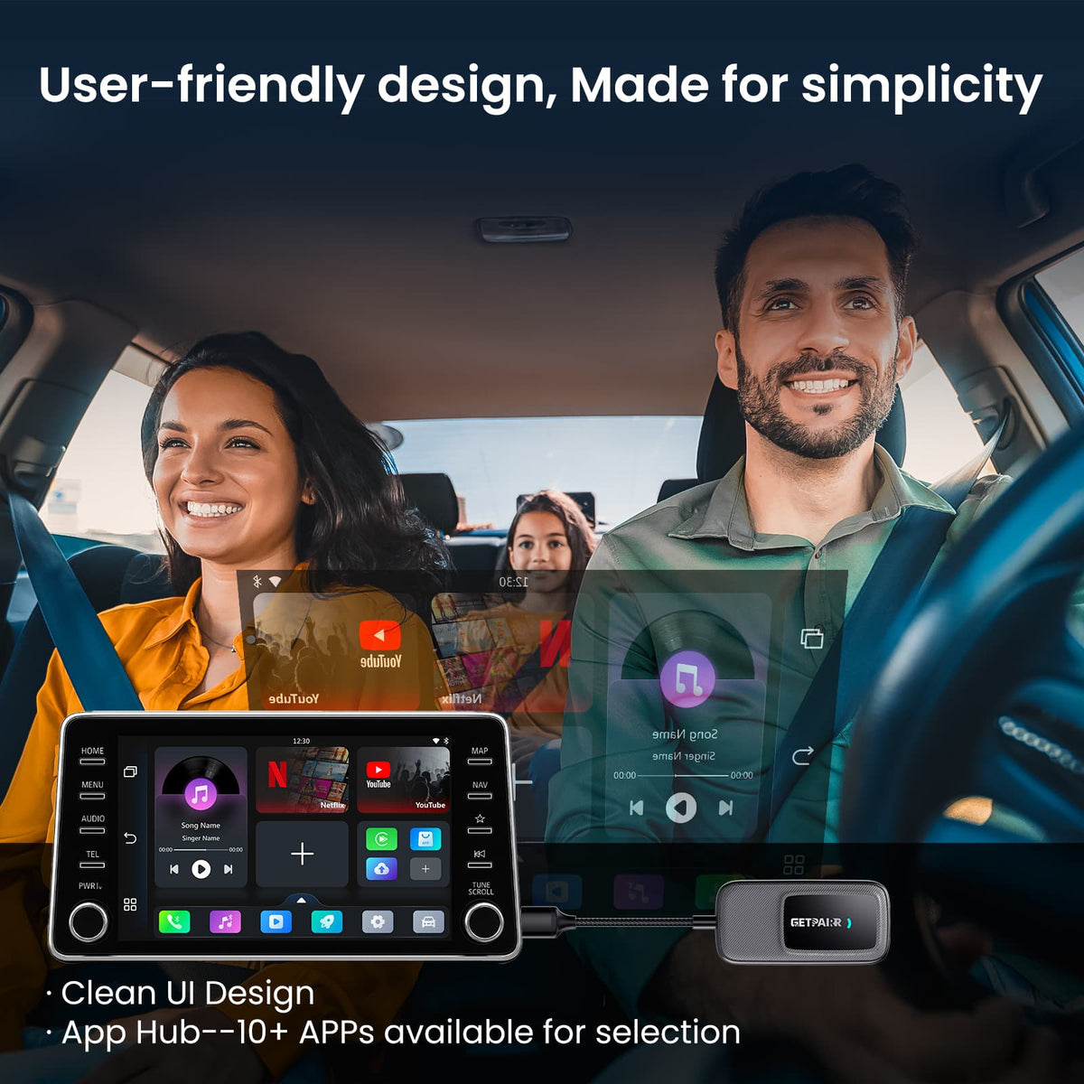 NovaLink vezeték nélküli CarPlay- és Android Auto-adapter — Beépített alkalmazásközpont