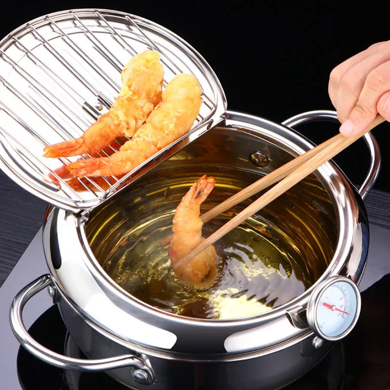 CrispCraft Edelstahl-Tempura-Frittiertopf mit Deckel und Thermometer