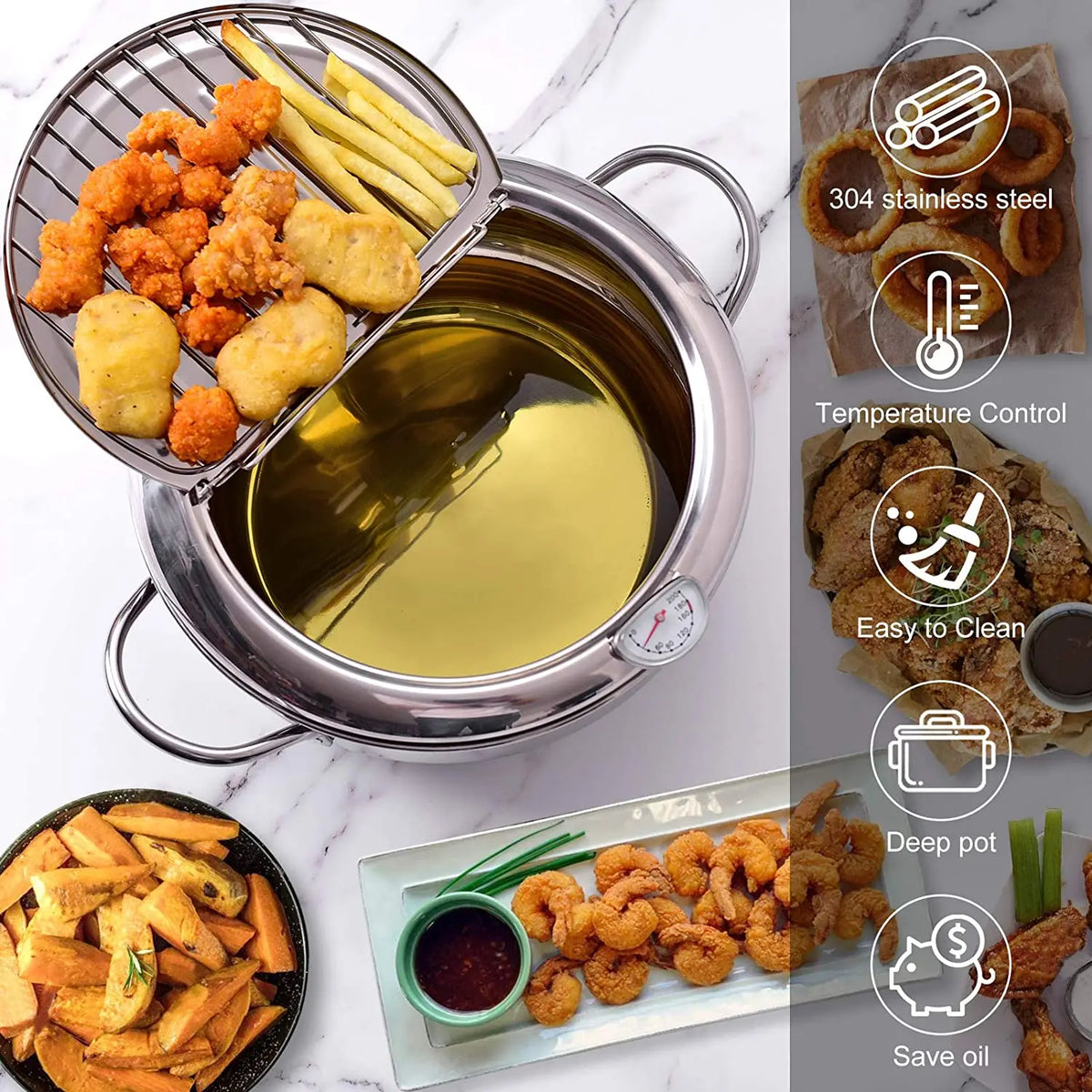 CrispCraft Edelstahl-Tempura-Frittiertopf mit Deckel und Thermometer