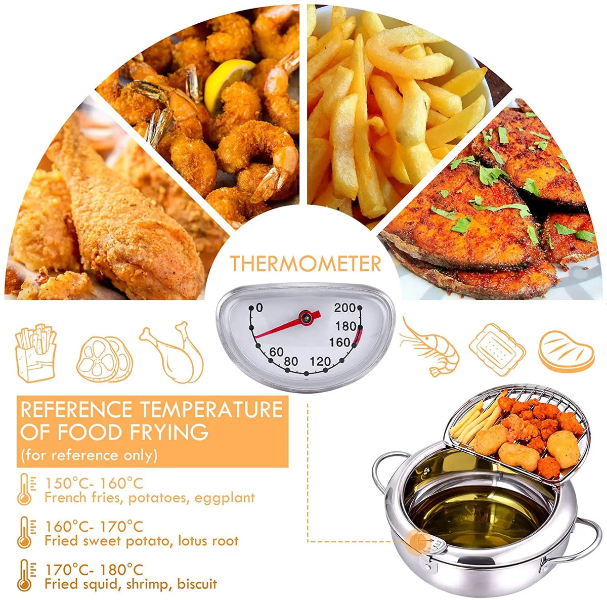 CrispCraft Edelstahl-Tempura-Frittiertopf mit Deckel und Thermometer
