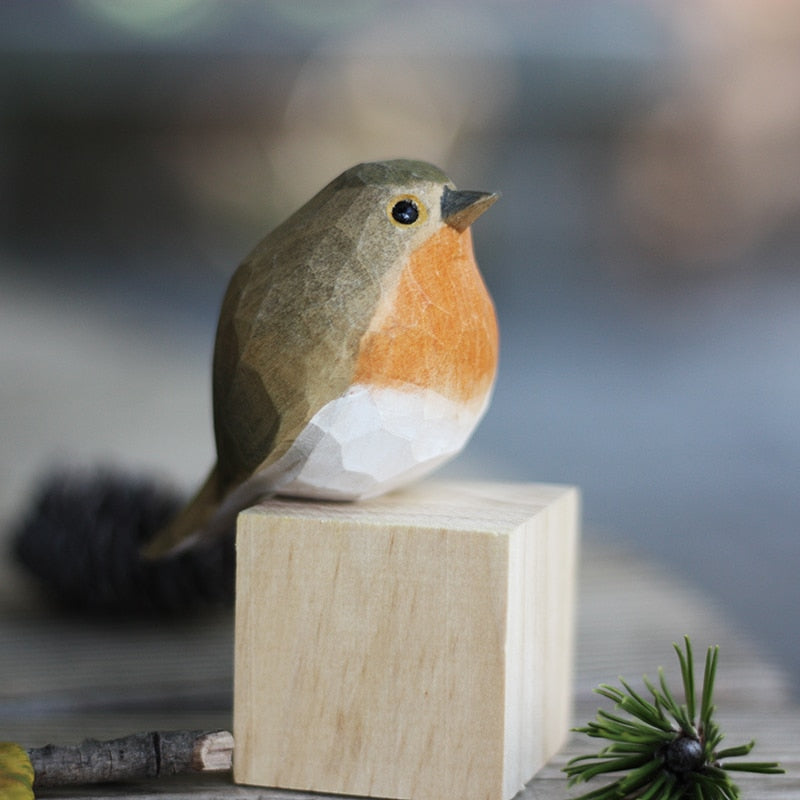 Hand-Carved Wooden Robin Ornament — Scandinavian Bird Figurine