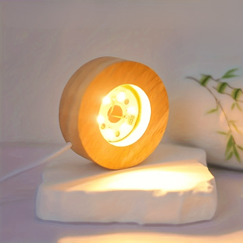 Expositor de madeira natural com LED e alimentação USB - luz branca quente | livraina