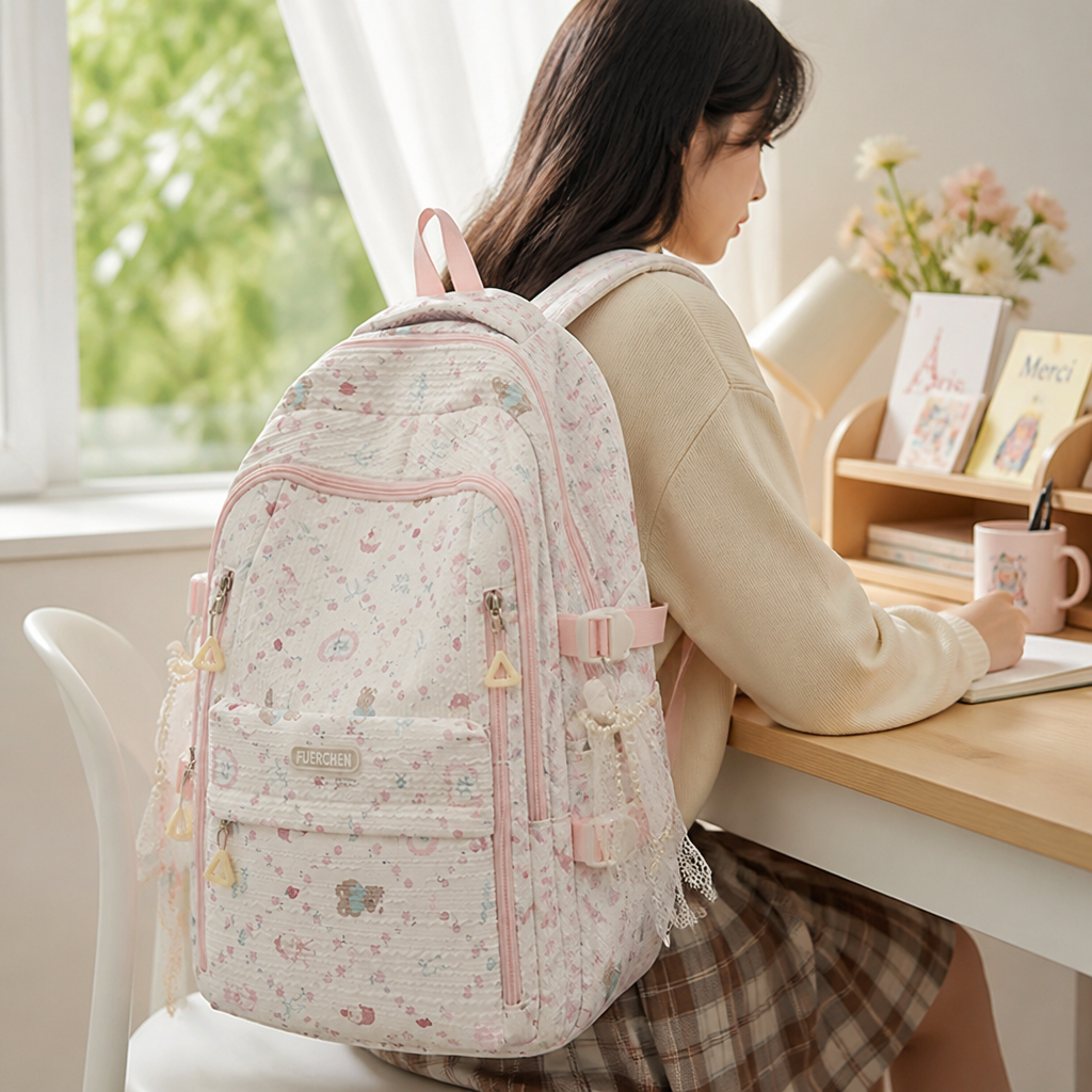 Schulrucksack mit mehreren Fächern und Blumenmuster (gepolsterte Träger) | livraina
