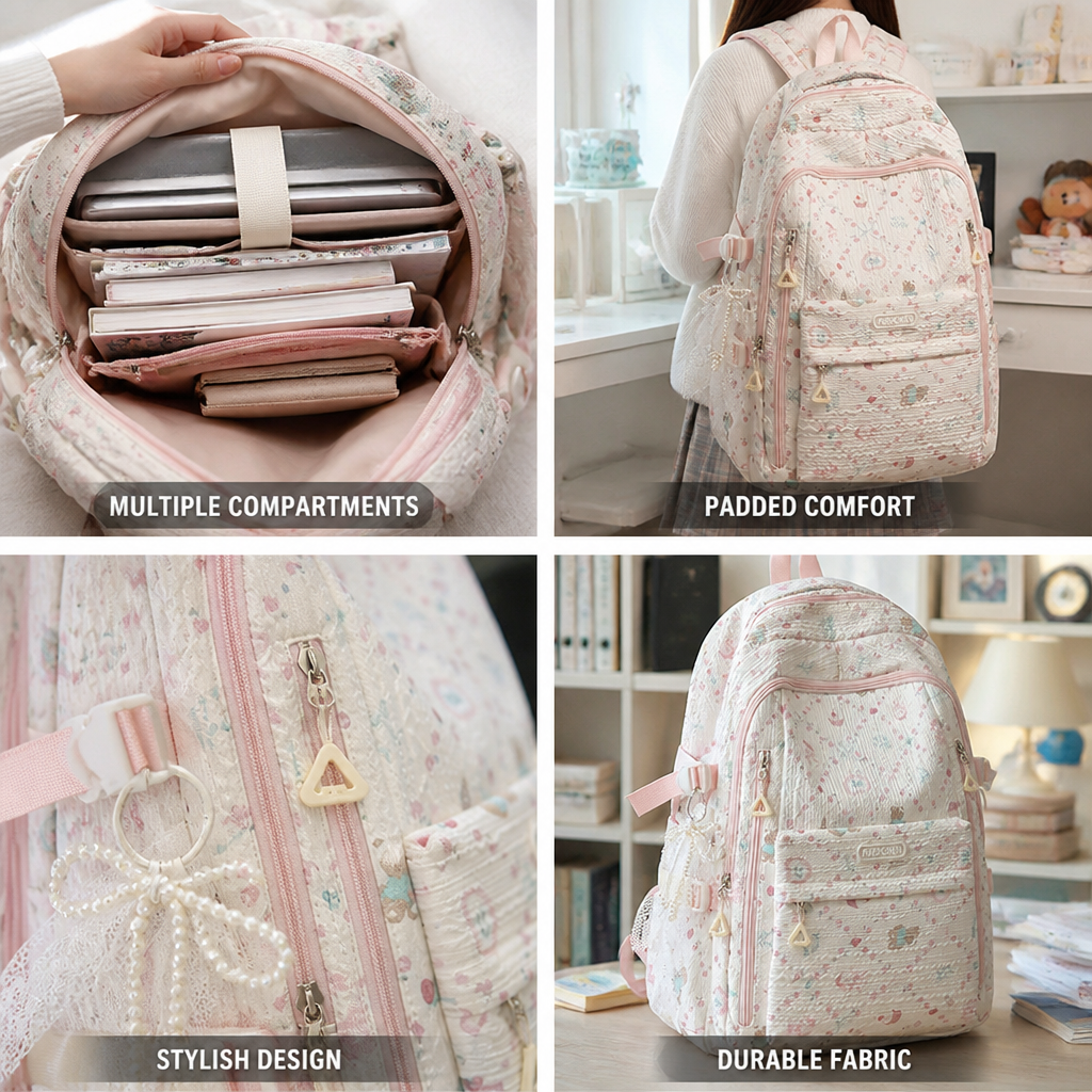 Schulrucksack mit mehreren Fächern und Blumenmuster (gepolsterte Träger) | livraina