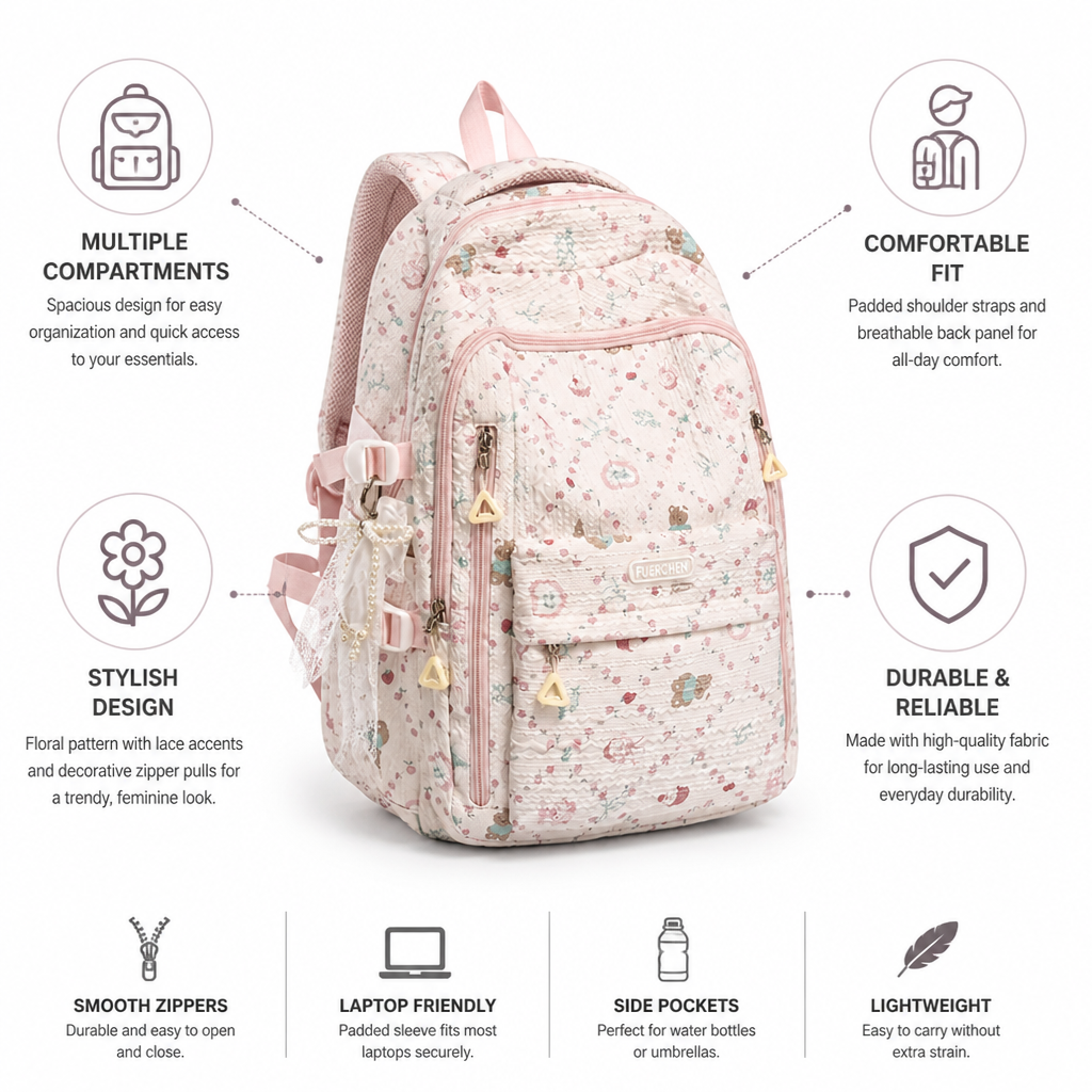 Schulrucksack mit mehreren Fächern und Blumenmuster (gepolsterte Träger) | livraina