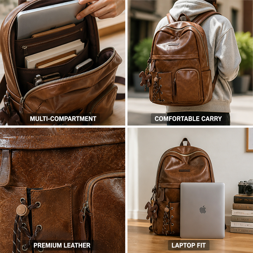 Multi-Compartment Leather School Backpack | livraina