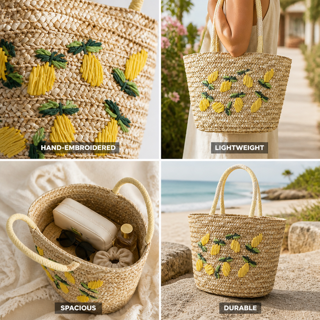 Geantă tote din rafie naturală, cu broderie manuală în formă de lămâie | livraina