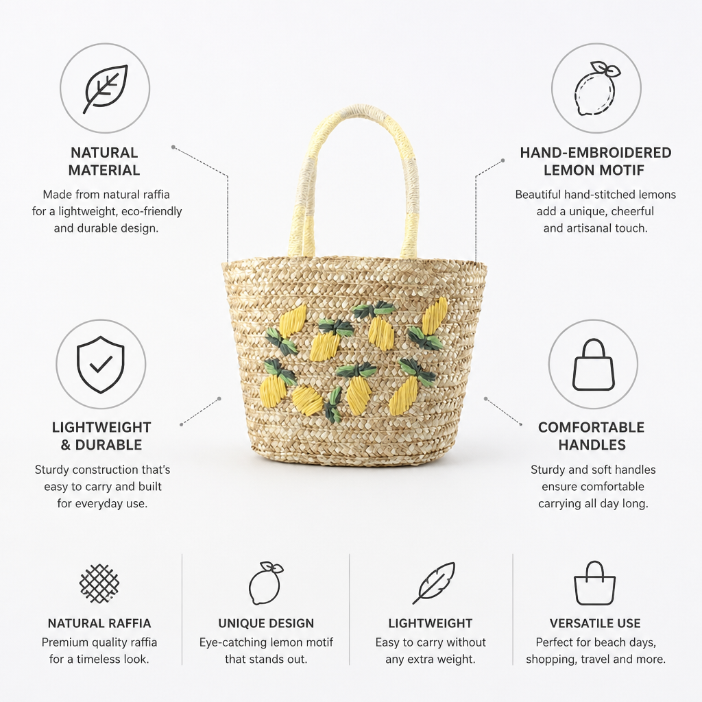 Geantă tote din rafie naturală, cu broderie manuală în formă de lămâie | livraina