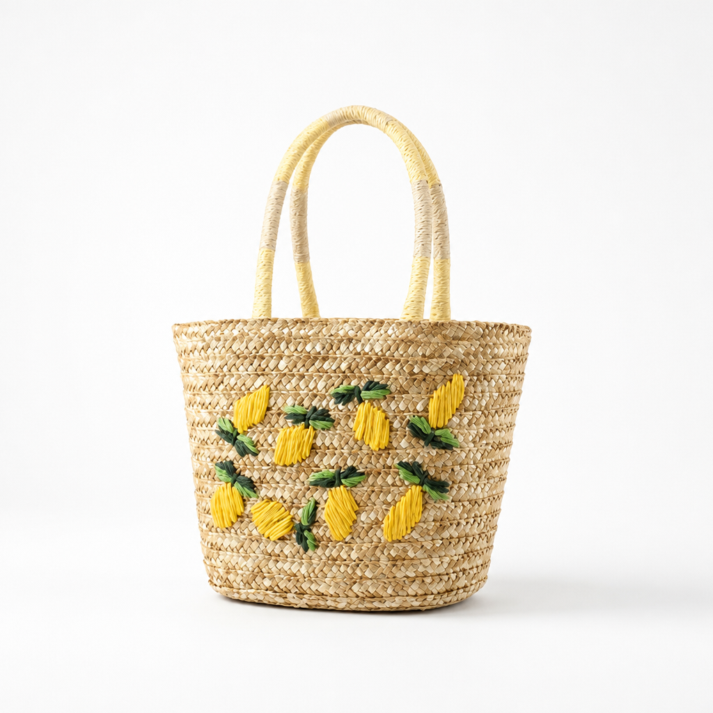 Geantă tote din rafie naturală, cu broderie manuală în formă de lămâie | livraina