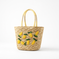 Geantă tote din rafie naturală, cu broderie manuală în formă de lămâie | livraina