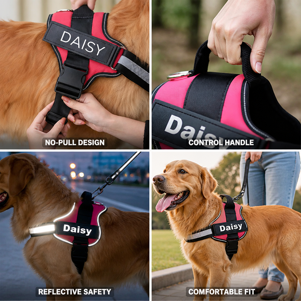 Harnais ergonomique réfléchissant anti-traction pour chien (personnalisé) | livraina