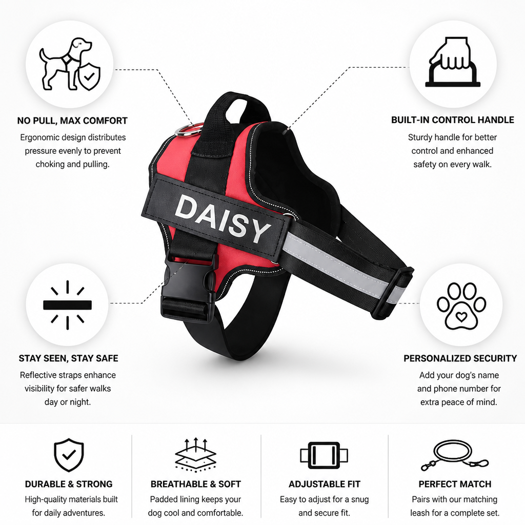 Harnais ergonomique réfléchissant anti-traction pour chien (personnalisé) | livraina