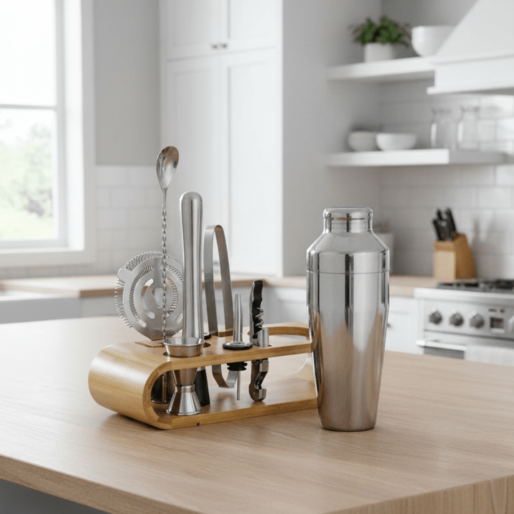 PulseMix 10 Stainless Steel Shaker Set — 10 Bar Tools + Stand