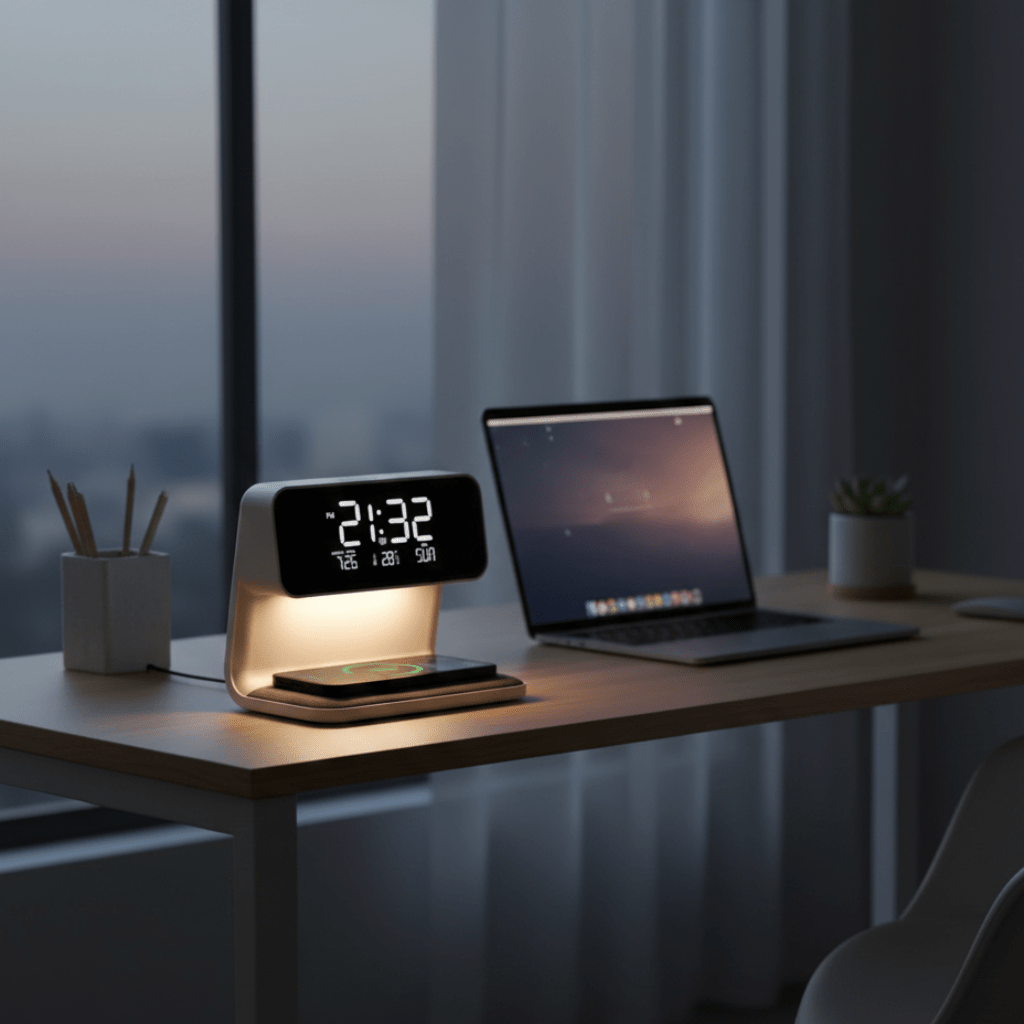 NoctaGlow smarte Nachttischlampe — kabelloses Ladegerät und Wecker
