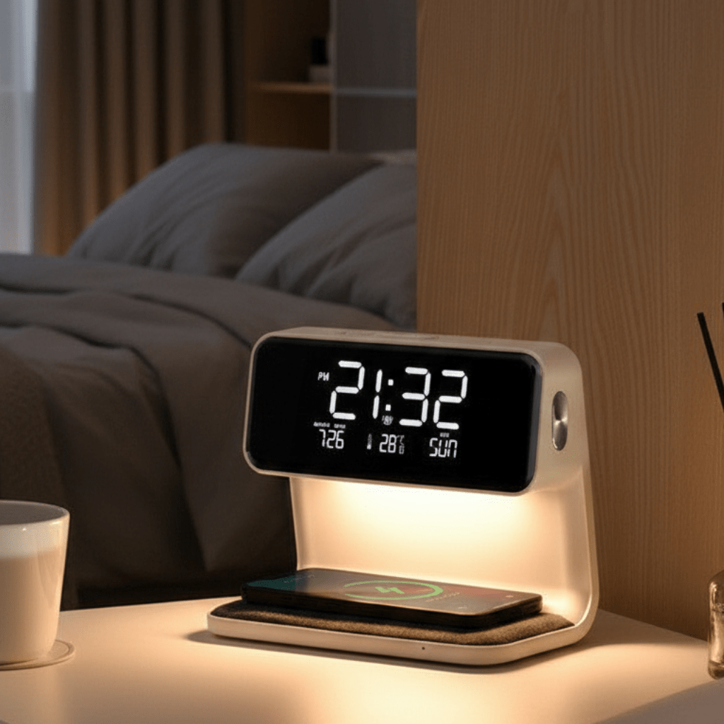 NoctaGlow smarte Nachttischlampe — kabelloses Ladegerät und Wecker