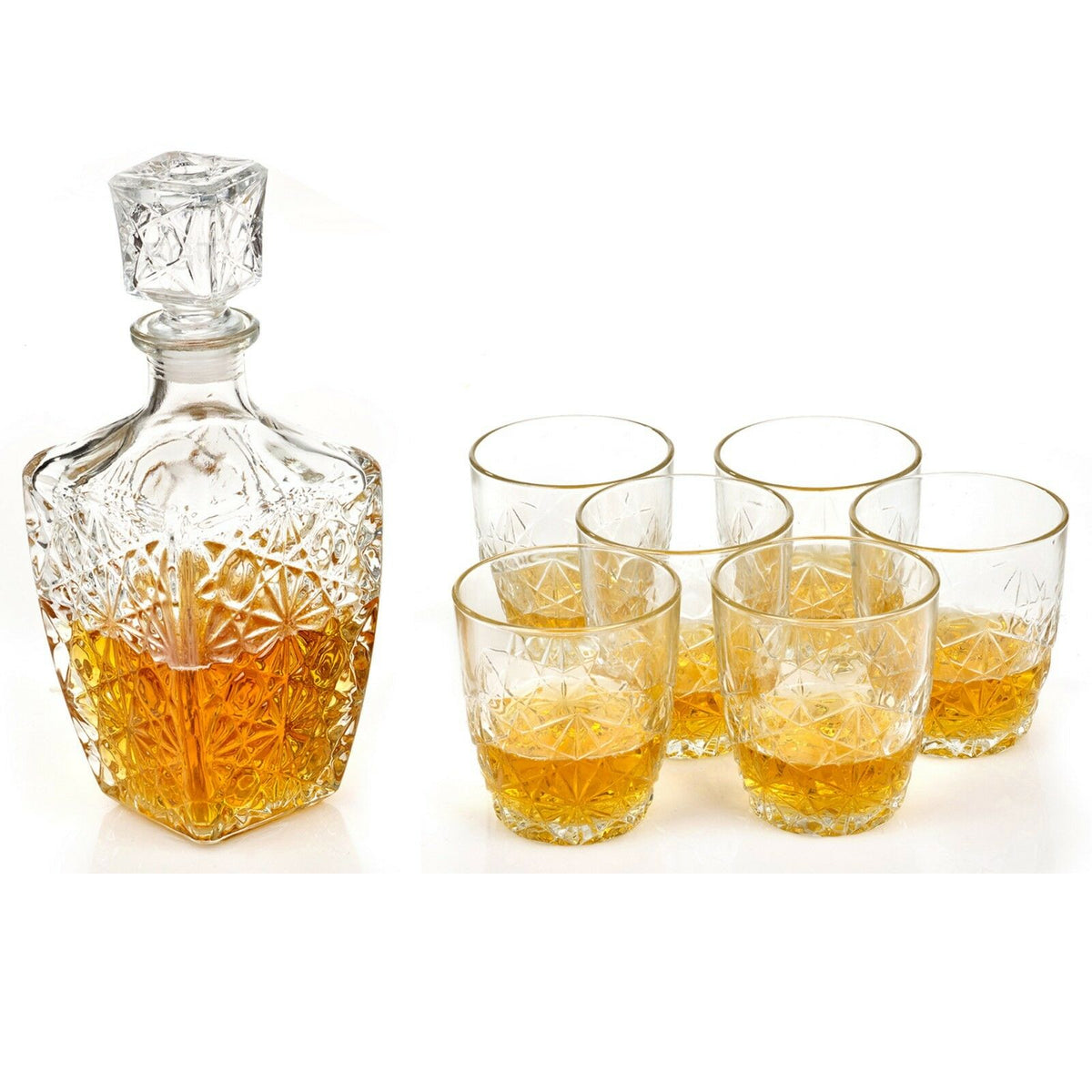 7dílná sada křišťálové karafy na whisky — sklo s diamantovým brusem