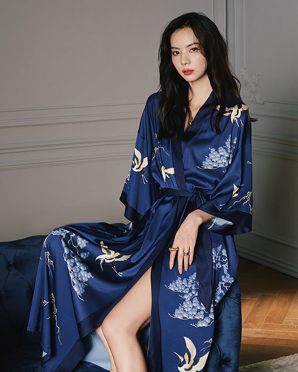 Navy Blue Silk Kimono Robe — Japanese Crane Print