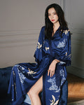 Navy Blue Silk Kimono Robe — Japanese Crane Print
