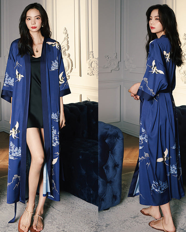 Navy Blue Silk Kimono Robe — Japanese Crane Print