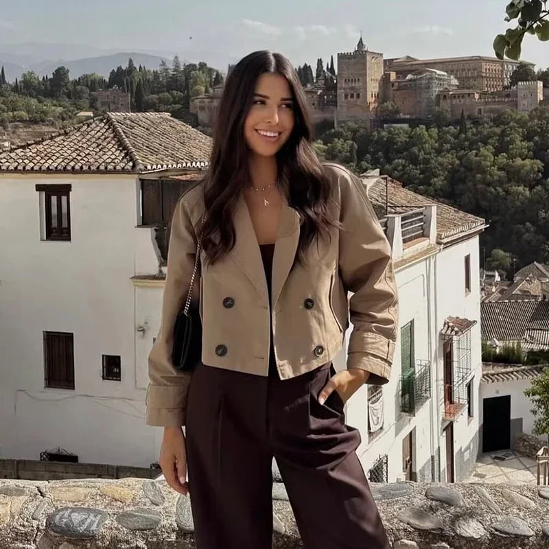 Aurora Vintage Double-Breasted Short Trench Coat — Turn-Down Collar