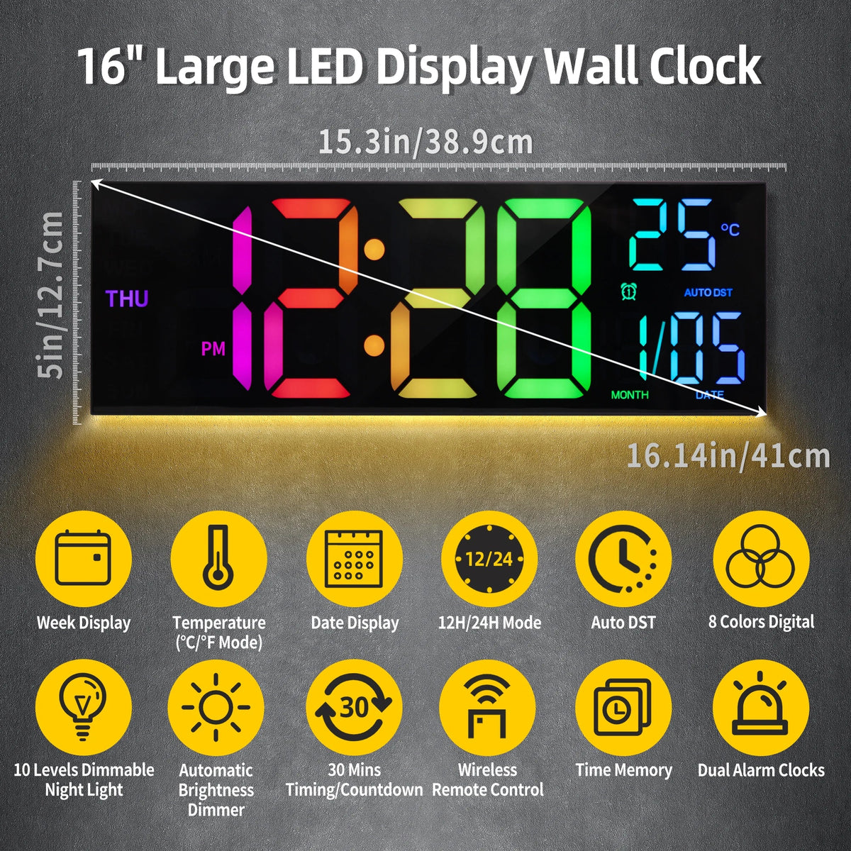 Grande orologio da parete LED LumaTime — display RGB e telecomando